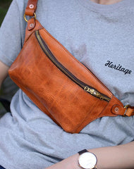 Cool Light Brown Leather Men Chest Bag Waist Bag Tan Fanny Pack Hip Bag Bum Pack For Men