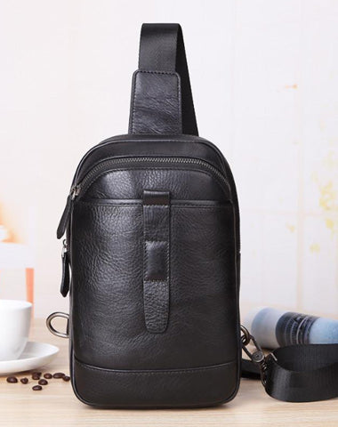 Badass Black Leather Men's 8-inch Trendy Sling Bag Chest Bag One shoulder Backpack Sports Bag For Men