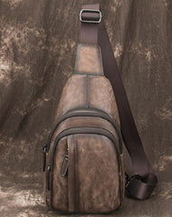 Brown Cool LEATHER MENS Sling Bag 8 inches Small Gray One Shoulder Backpack Chest Bag For Men