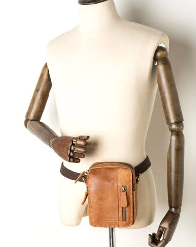 Tan Mens Leather Belt Pouch Small Side Bag Belt Bag Camel Waist Bag Courier Bag for Men