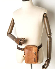 Tan Mens Leather Belt Pouch Small Side Bag Belt Bag Camel Waist Bag Courier Bag for Men