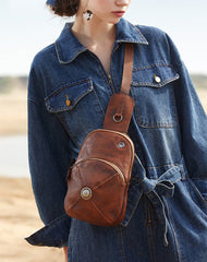 Cool Mens Womens Cap Brown Sling Bag Vintage Leather Chest Bag Crossbody Pack for Men