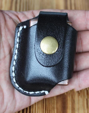 Handmade Mens Black Leather Standard Zippo Lighter Cases Zippo Lighter Holder with Belt Loop