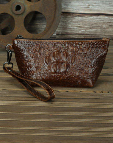 Brown Crocodile Pattern Mens Leather Zipper Clutch Wristlet Purse Bag Clutch Bags Phone Bag For Men
