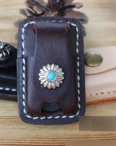 Handmade Mens Black Leather Slim Zippo Lighter Case Slim Zippo Lighter Holder with Belt Clip
