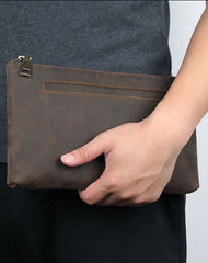 Dark Brown Leather Mens Large Business Wristlet Wallet Bag Zipper Clutch Wallet For Men