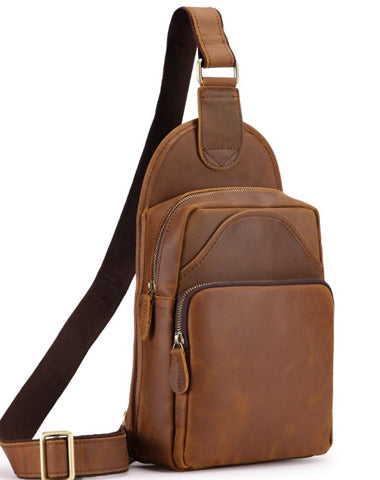 Vintage Brown Leather Men's Sling Bag Chest Bag 8-inches One shoulder Backpack For Men