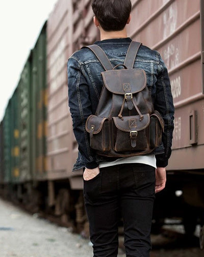 Fashion Brown Mens Leather 15inches Large Backpacks Travel Backpacks School Backpacks for men