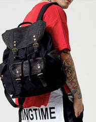 Fashion Canvas Leather Mens Backpack School Backpack Black Canvas Travel Backpack For Men