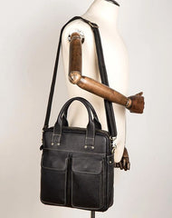 Fashion Black Leather 12 inches Vertical Briefcase Work Shoulder Bag Black Messenger Bag Computer Work Bag for Men