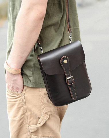 Dark Brown Vintage Leather Mens Small Messenger Bag Waist Bag Belt Pouch Bag For Men