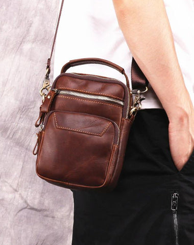 Brown Leather Men's Vertical Small Courier Bag Belt Pouch Mini Messenger Bag Belt Bag For Men