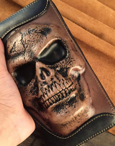 Handmade Genuine Leather Mens Clutch Cool Long Wallet Skull Zipper Clutch Wristlet Wallet for Men