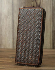 Braided Leather Long Wallet for Men Woven Bifold Long Wallet Brown Zip Cards Wallet For Men