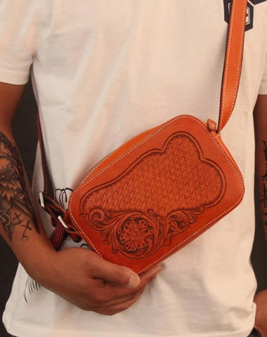 Cool Handmade Floral Tooled Leather Small Postman Bag Messenger Bag Courier Bag For Men