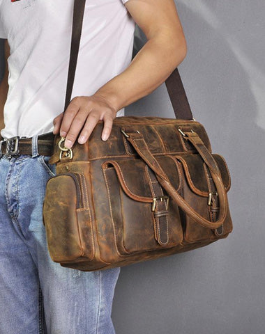 Brown Leather Travel Bag Men's 14 inches Overnight Bag Large Luggage Weekender Bag For Men