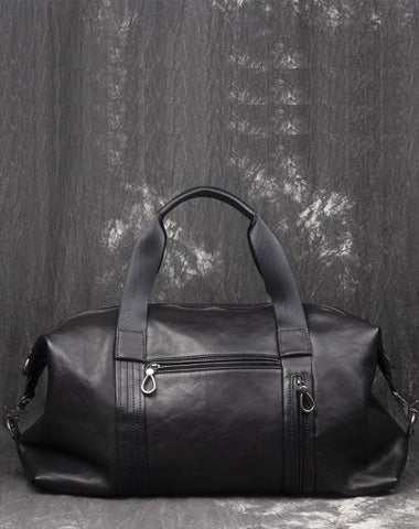 Casual Black Leather Men's Overnight Bag Large Travel Bag Luggage Weekender Bag For Men