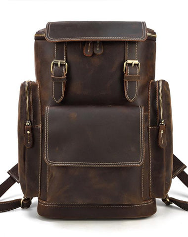 Dark Brown Leather Mens Large 15'' Travel Backpack College Backpack Barrel Backpack for Men