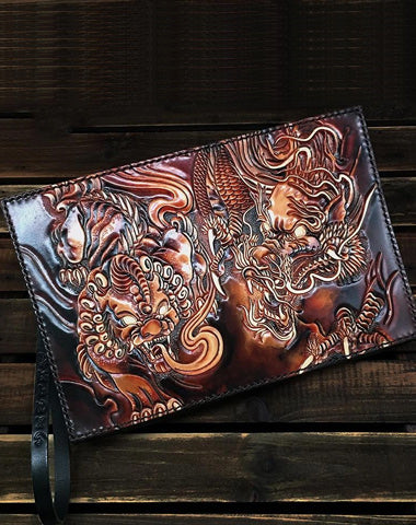 Black Handmade Tooled Leather Lion Chinese Dragon Clutch Wallet Wristlet Bag Clutch Purse For Men