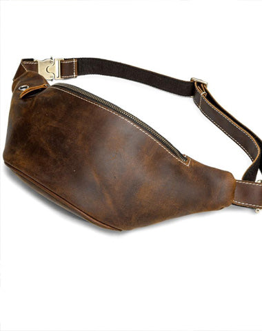 Vintage Brown Leather Fanny Pack Men's Chest Bag Hip Bag Brown Waist Bag For Men