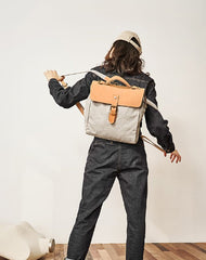 Canvas Leather Mens Womens Backpack Messenger Backpack Satchel Bag Canvas School Backpack for Men Women