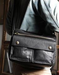 Black Genuine Leather Mens Cool Small Side Bag Messenger Bag Black Courier Bag for Men