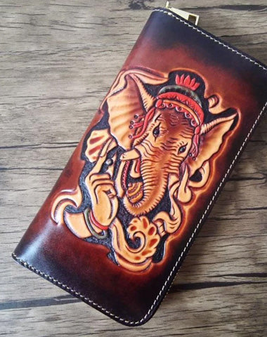 Brown Handmade Ganesha Leather Long Wallet Zipper Wallet Clutch Wallet For Men