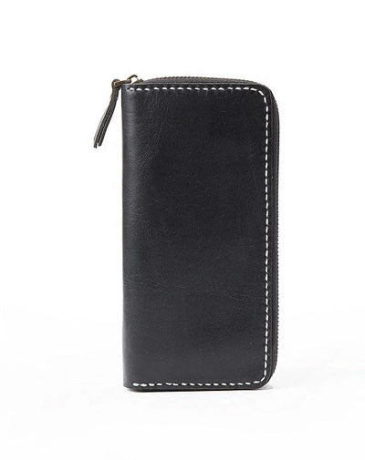 Black Handmade Leather Mens Long Wallet Bifold Zipper Clutch Wallet CellPhone Wallet For Men