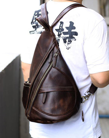 Brown Leather Men's Sling Bag Chest Bag Vintage One shoulder Backpack For Men