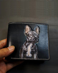 Handmade Mens Leather billfold Wallet Bulldog Dog Tooled Leather Bifold Wallet Slim Wallet for Men