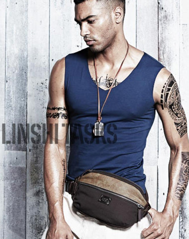 Casual Black Canvas Leather Fanny Pack Men's Chest Bag Hip Bag Waist Bags For Men