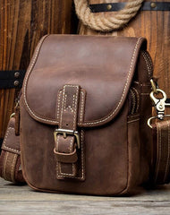Dark Brown Casual Leather Mens Small Side Bag Messenger Bag Waist Bag Belt Pouch for Men