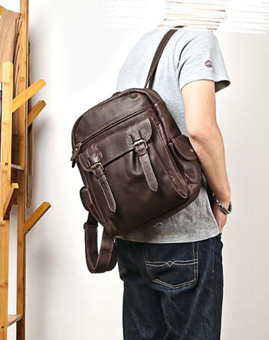 Coffee Cool Leather Mens School Backpack College Backpack 14'' Computer Backpack For Men
