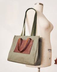 Vintage Canvas Leather Mens Tote Bag Green Tote Handbag Canvas Shoulder Tote for Men Women
