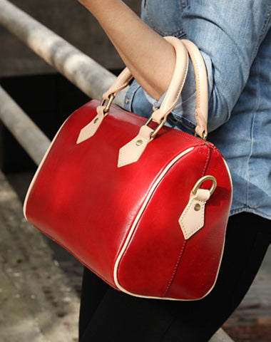 Fashion Womens Red Leather Small Boston Handbag Best Red Leather Boston Purse Side Bag