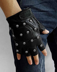 Cool Mens Punk Black Leather Half-Finger Rock Gloves Motorcycle Gloves Black Biker Gloves For Men