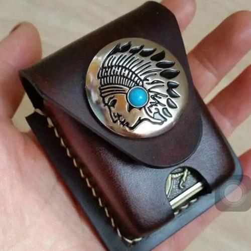 Leather Coffee Handmade Indian Mens Armor Zippo - Back View