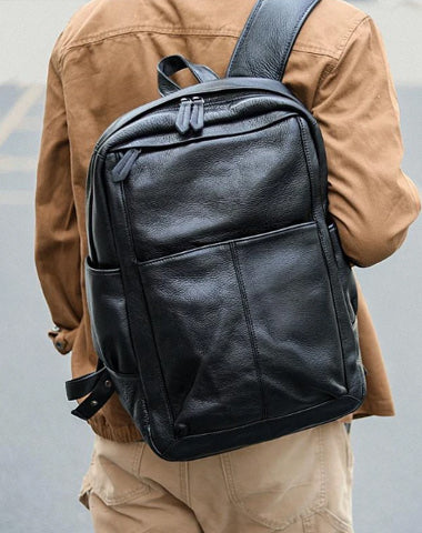 Black Cool Leather Mens School Backpack College Backpack 15" Black Computer Backpack For Men