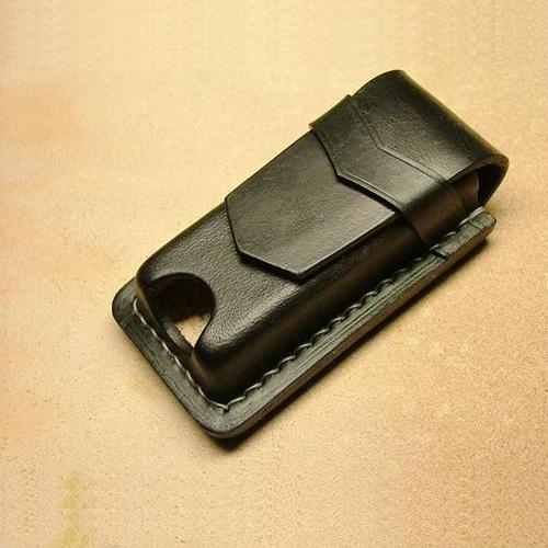 Black Handmade Leather Mens Slim Zippo Lighter - Back View
