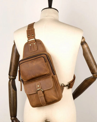 Cool Brown Leather Mens Sling Pack Sling Bag Crossbody Pack One Shoulder Pack Chest Bag for men