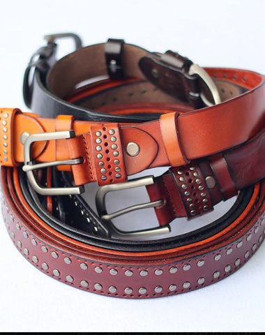 Cool Punk Rock Handmade Buckle Black Rivet Leather Mens Belts Dark Coffee Leather Belts for Men