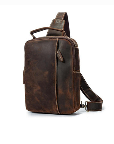 Best Brown Distressed LEATHER MENS Sling Bag One Shoulder Backpack Top Chest Bag For Men