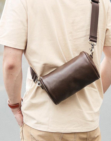 Black Leather Mens Small Casual Bucket Bag Barrel Messenger Bags Brown Postman Bag For Men