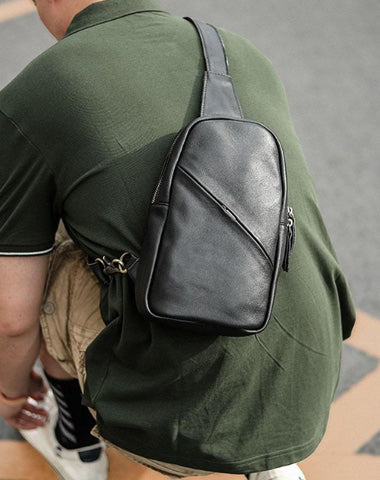 Vintage Dark Brown Leather Mens Chest Bag Black Sling Bag Sling Pack For Men