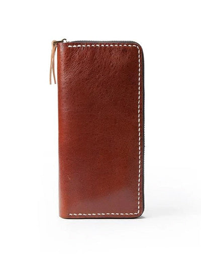 Dark Brown Handmade Leather Mens Long Wallet Zipper Bifold Long Clutch Wallets For Men
