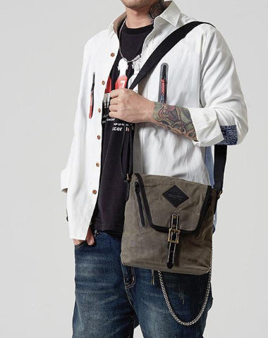 Vertical Waxed Canvas Leather Mens Gray Side Bag Messenger Bags Blue Waxed Canvas Courier Bag for Men