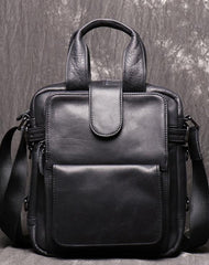 Black Leather Mens Laptop Work Bag Handbag Vertical Briefcase Shoulder Bags Black Business Bags For Men
