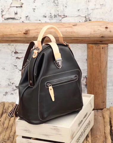 Fashion Handmade Womens Black Leather Backpack Satchel Bag Black School Backpack for Women