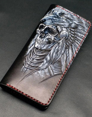 Black Handmade Tooled Indian Chief Skull Leather Mens Long Wallet Bifold Long Wallet For Men