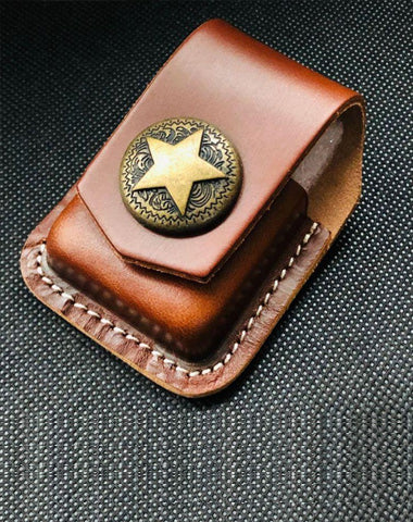Brown Handmade Leather Mens Texas Star Zippo Lighter Holders Lighter Case For Men